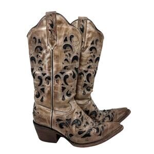 J.B. Dillon Reserve Chicory Leather Cowgirl Boots 6.5 Brown Black Inlay Western